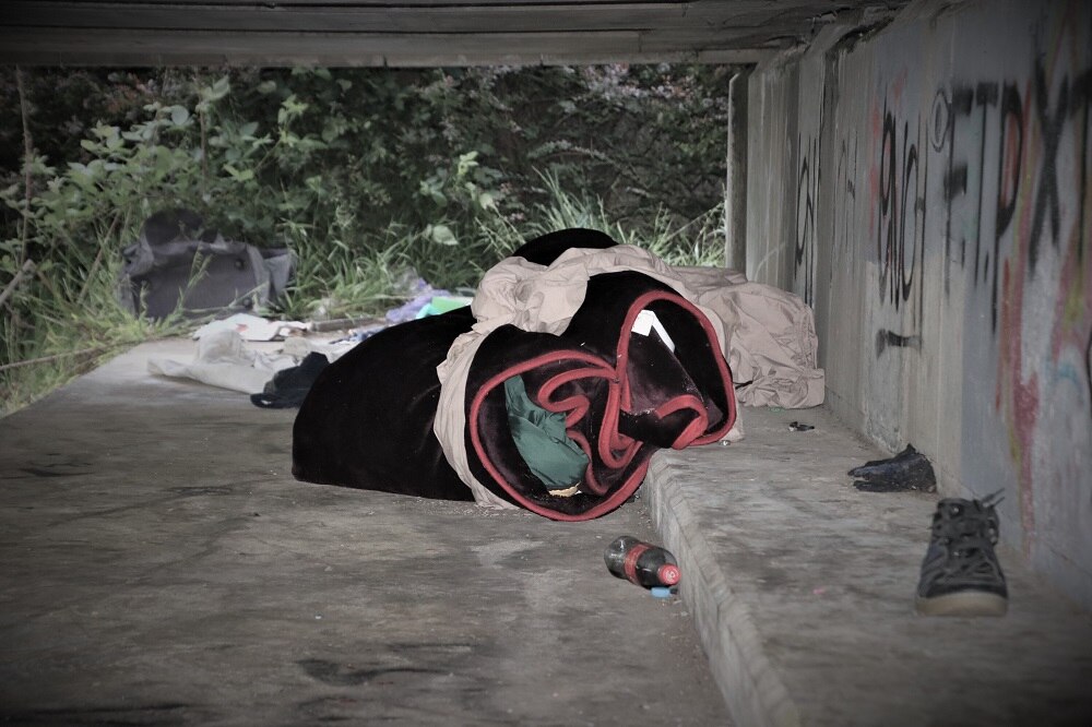Blankets and sheets under a bridge in northern Tasmania.