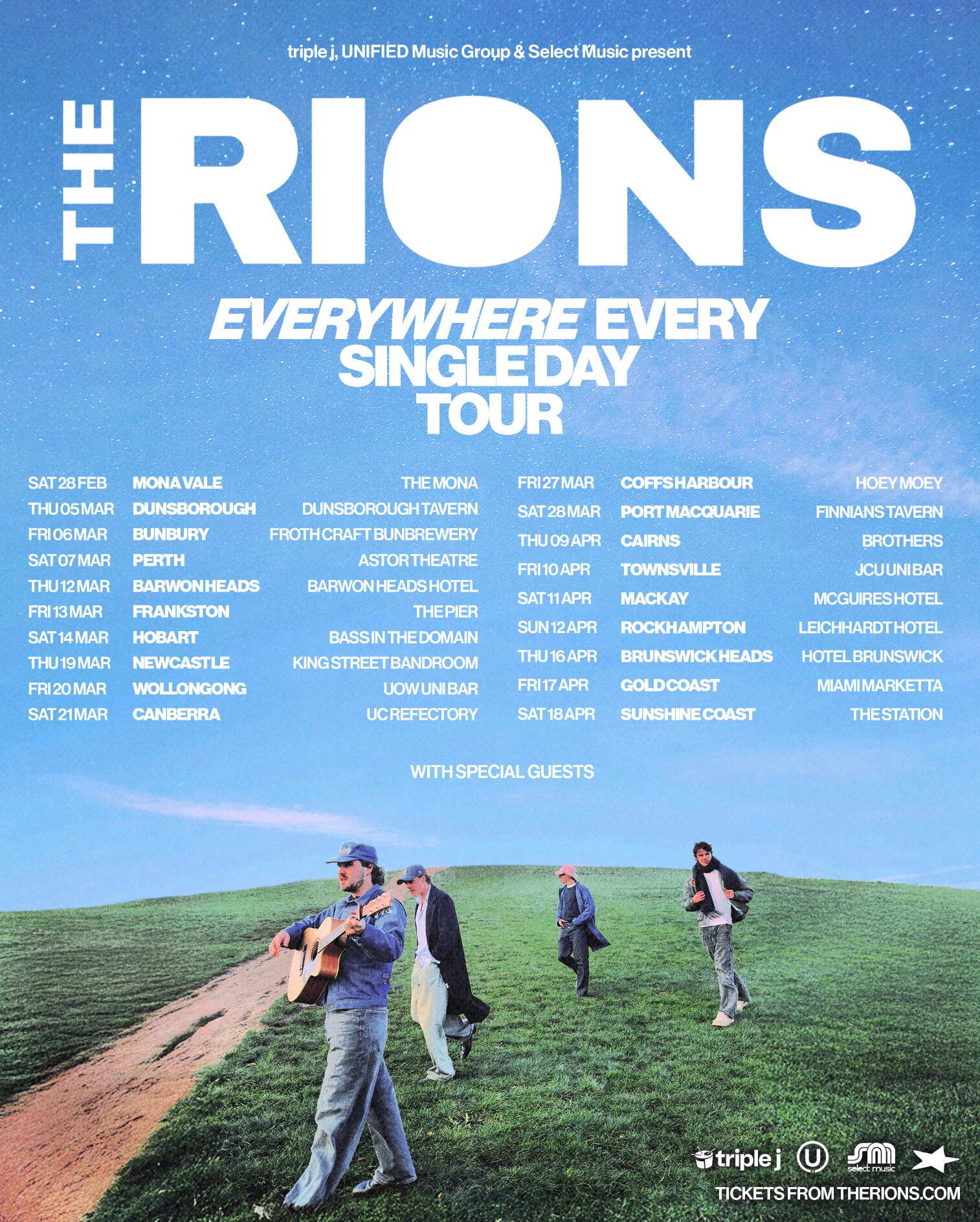 Four men walk along a grassy hill with a dirt road. One holds a guitar. White text in the blue sky details The Rion's 2026 tour