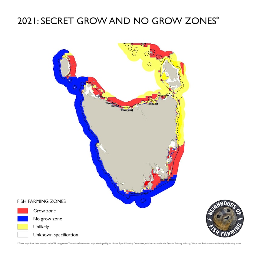 Coloured map showing potential salmon grow zones possible in 2021.