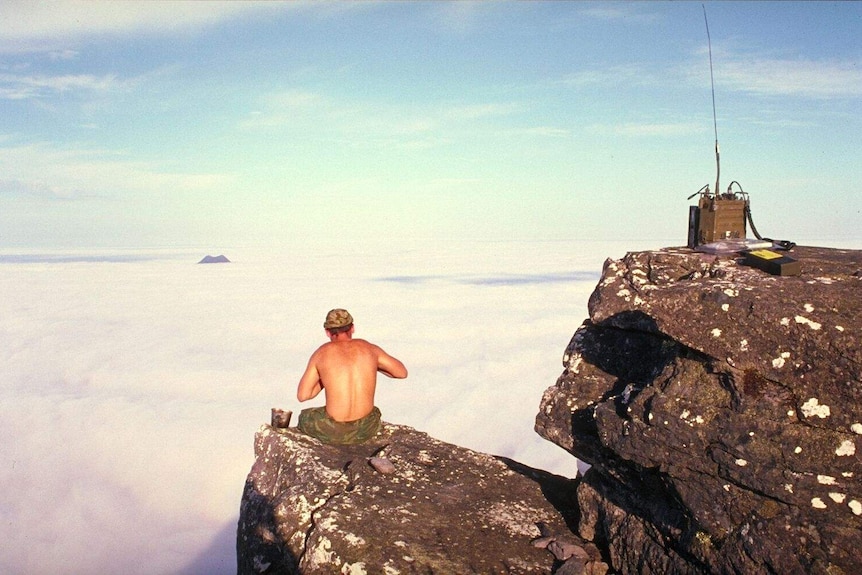 An SAS signalman sits on a mountaintop in East Timor