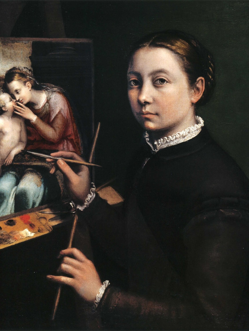 A painting: Self-portrait at the Easel Painting a Devotional Panel by Sofonisba Anguissola