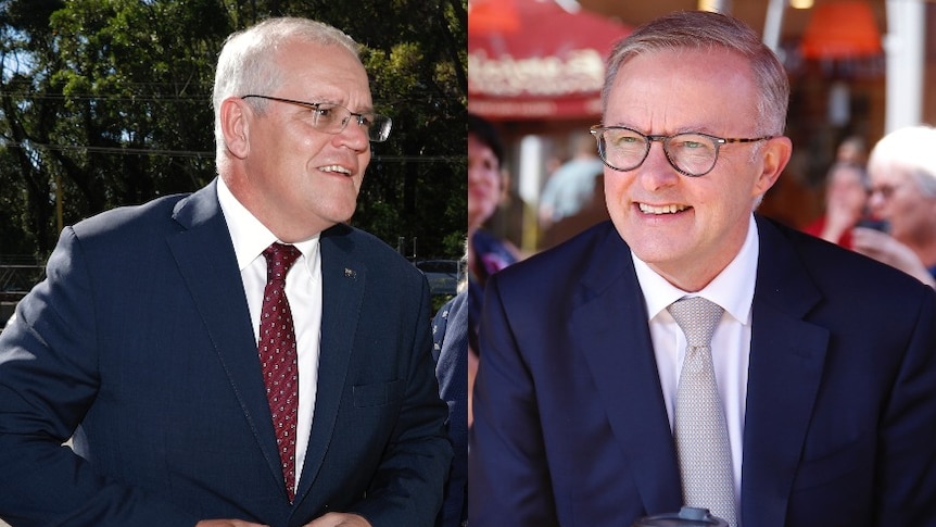 A composite image of Scott Morrison walking outside and Anthony Albanese sitting with a coffee at an outdoor cafe. 