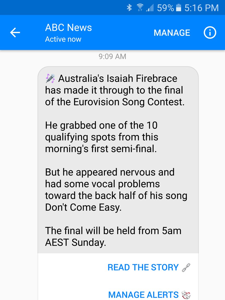 A mobile phone screenshot of the Eurovision Facebook Messenger announcement regarding Isaiah Firebrace.