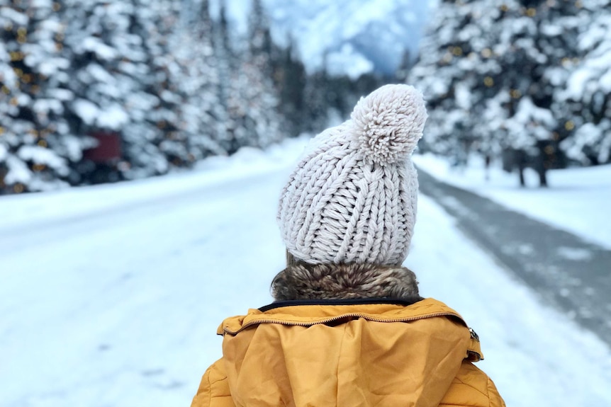 Person with a beanie walks on snow-covered, tree-lined path, with mountains in the distance.