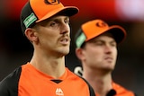 A close-up shot of Perth Scorchers players Mitch Marsh and Ashton Turner looking forlorn.