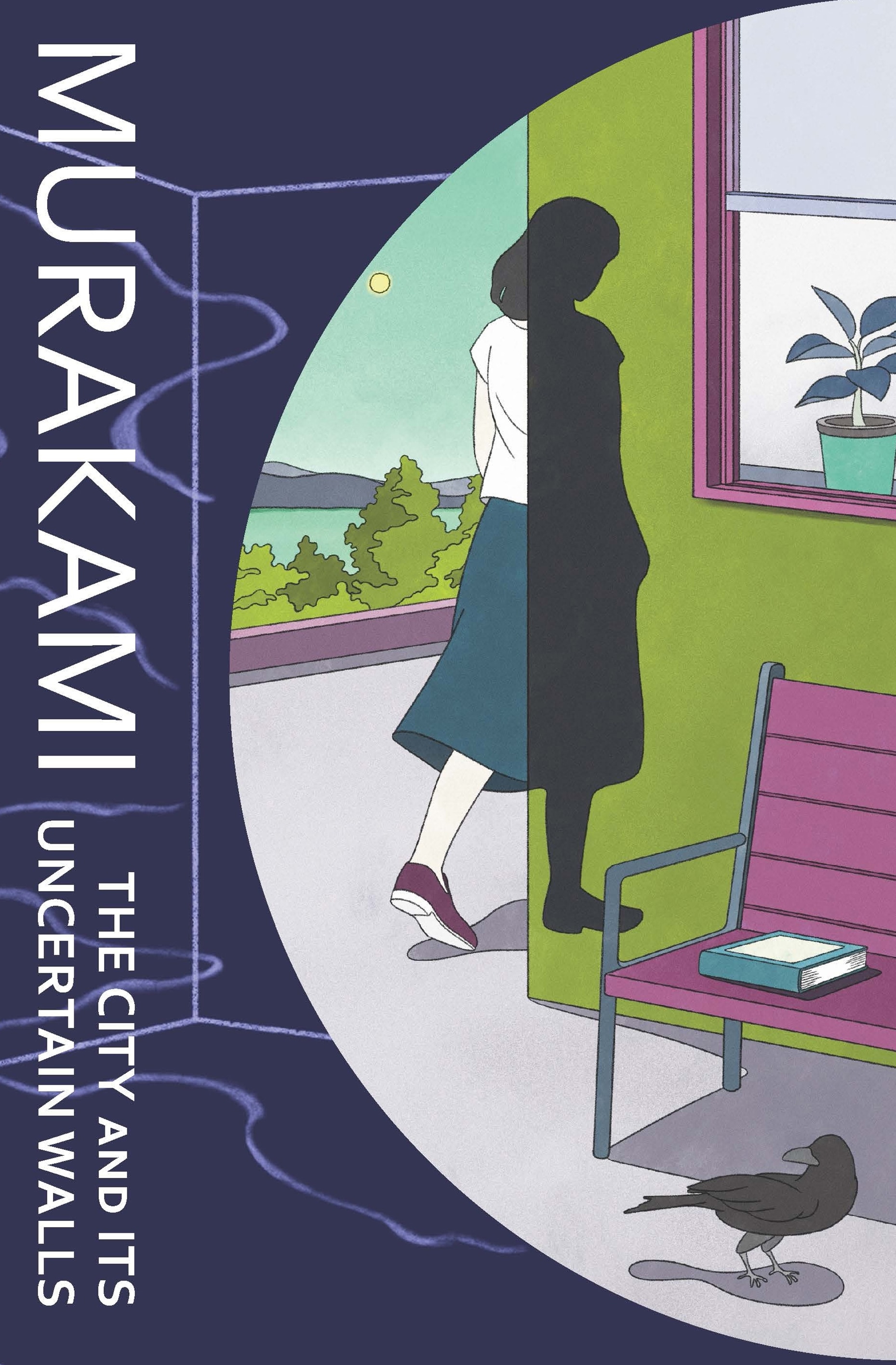 Illustrated cover of Haruki Murakami's The City and Its Uncertain Walls, with woman half in shadow walking close to wall.