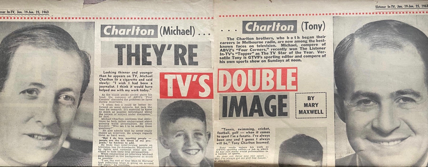 Old newspaper article with photos of Tony and Michael and headline They're TV's double image.