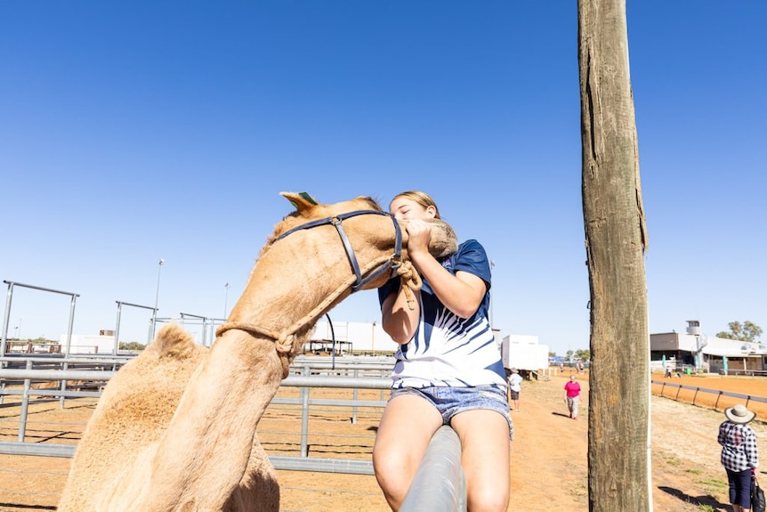 A camel and a girl embrace