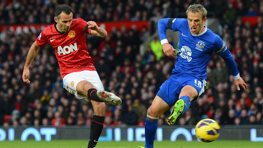 Ryan Giggs scores for Manchester United against Everton in February 2013.