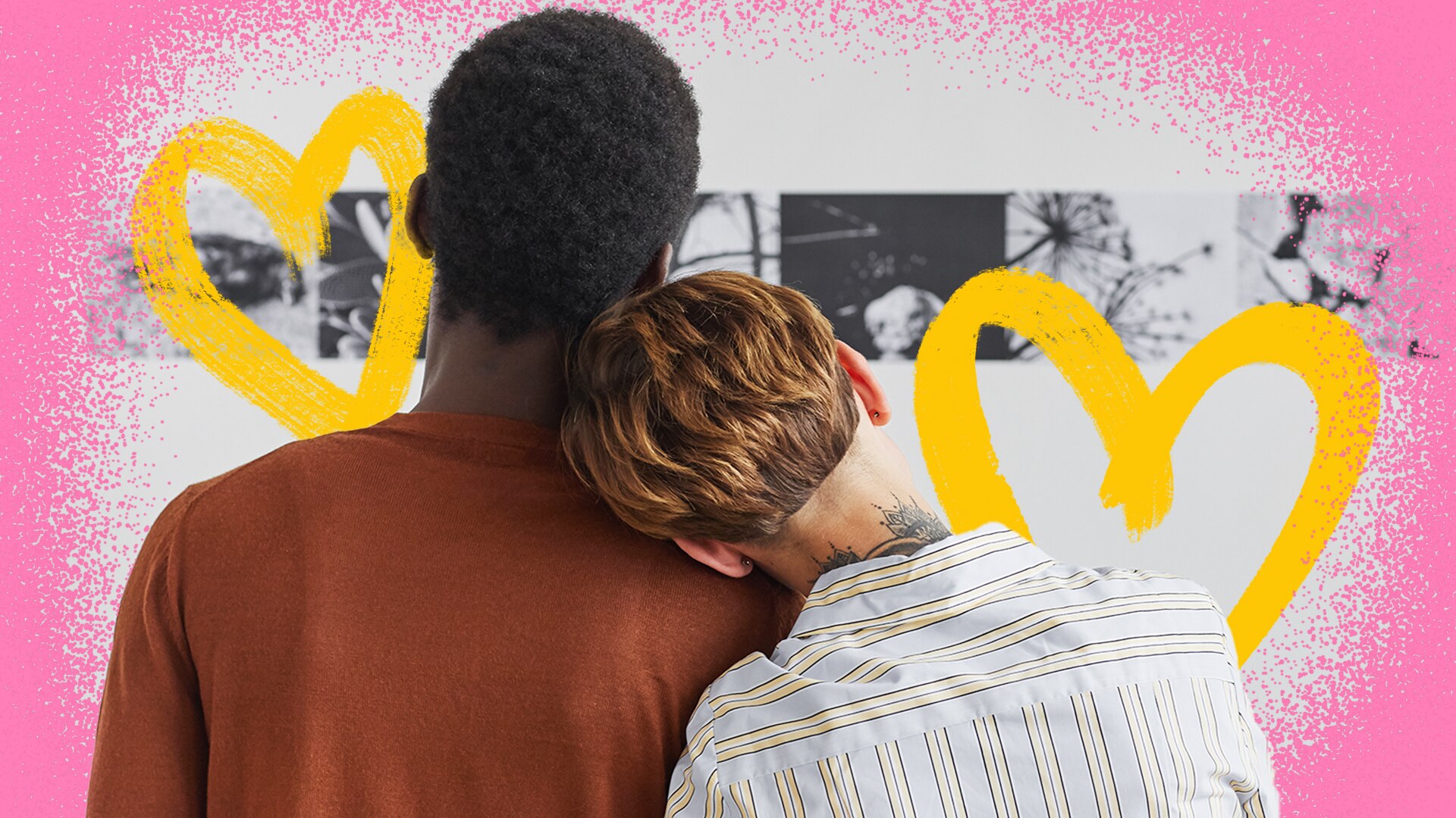 Couple looking at art in gallery.