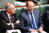 Peter Dutton and Scott Morrison smile, sit next to each other