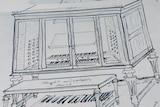 Black and white sketch of the keyboard part of a pipe organ.