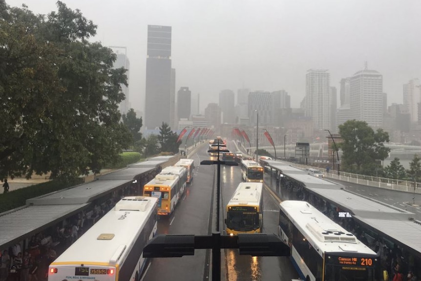 Buses bottlenecked at the cultural centre during the heavy storm