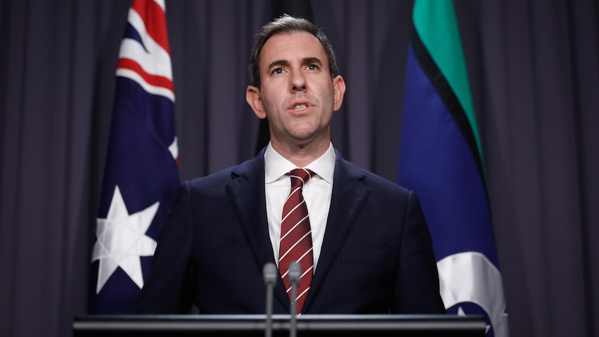 Jim Chalmers in a suit, speaking into a microphone on a lectern in front of the Australian and TSI flags