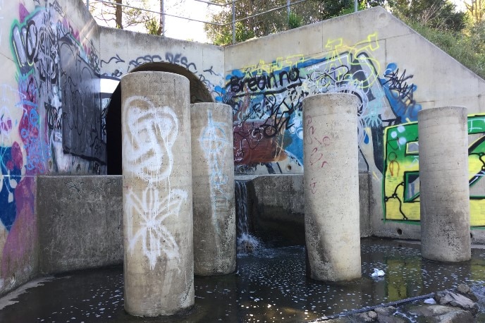 Graffiti covered drain and poles with water flowing out