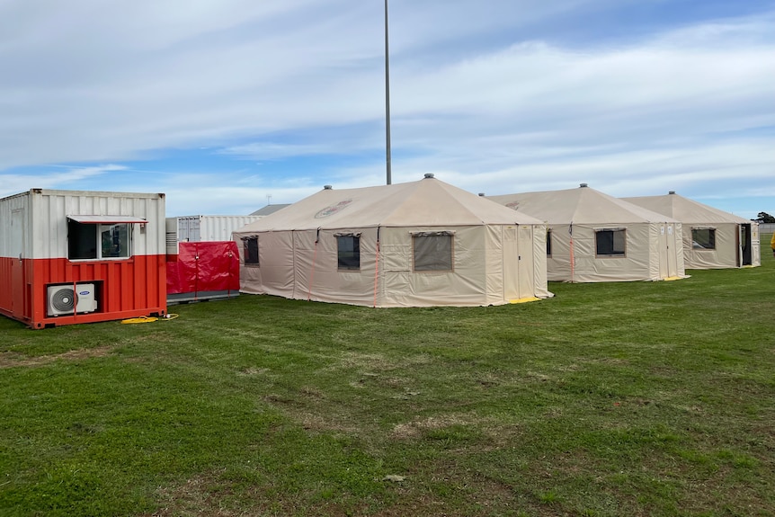 three large brown tents