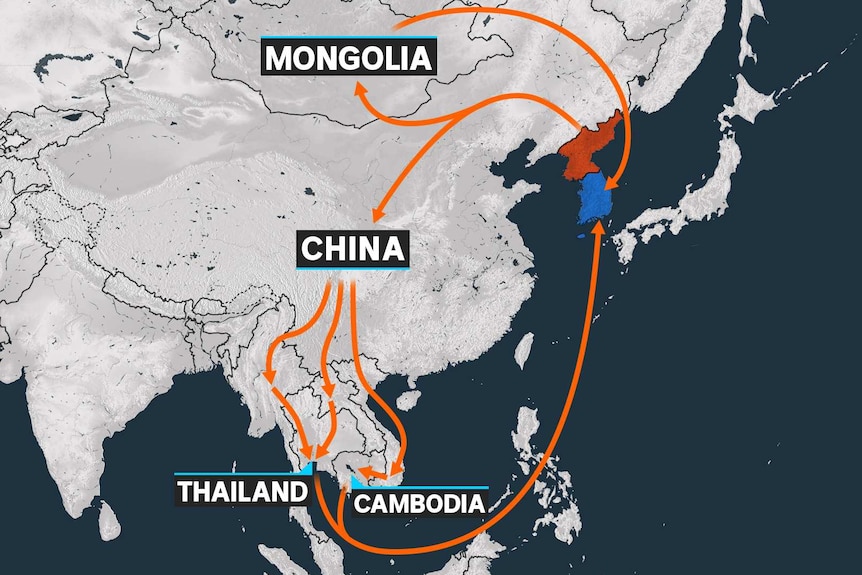 A map showing the potential routes North Korea defectors take to get to South Korea.