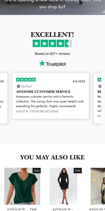 Mobile view of a shopping website called Vogue Melbourne. A Trustpilot logo with an excellent rating is present