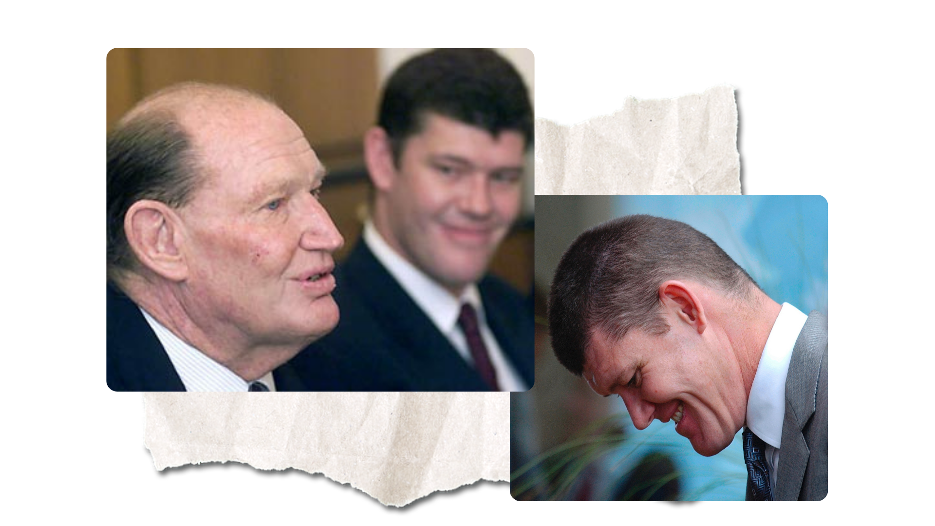 Composite image James and Kerry Packer and James Packer solo with head down