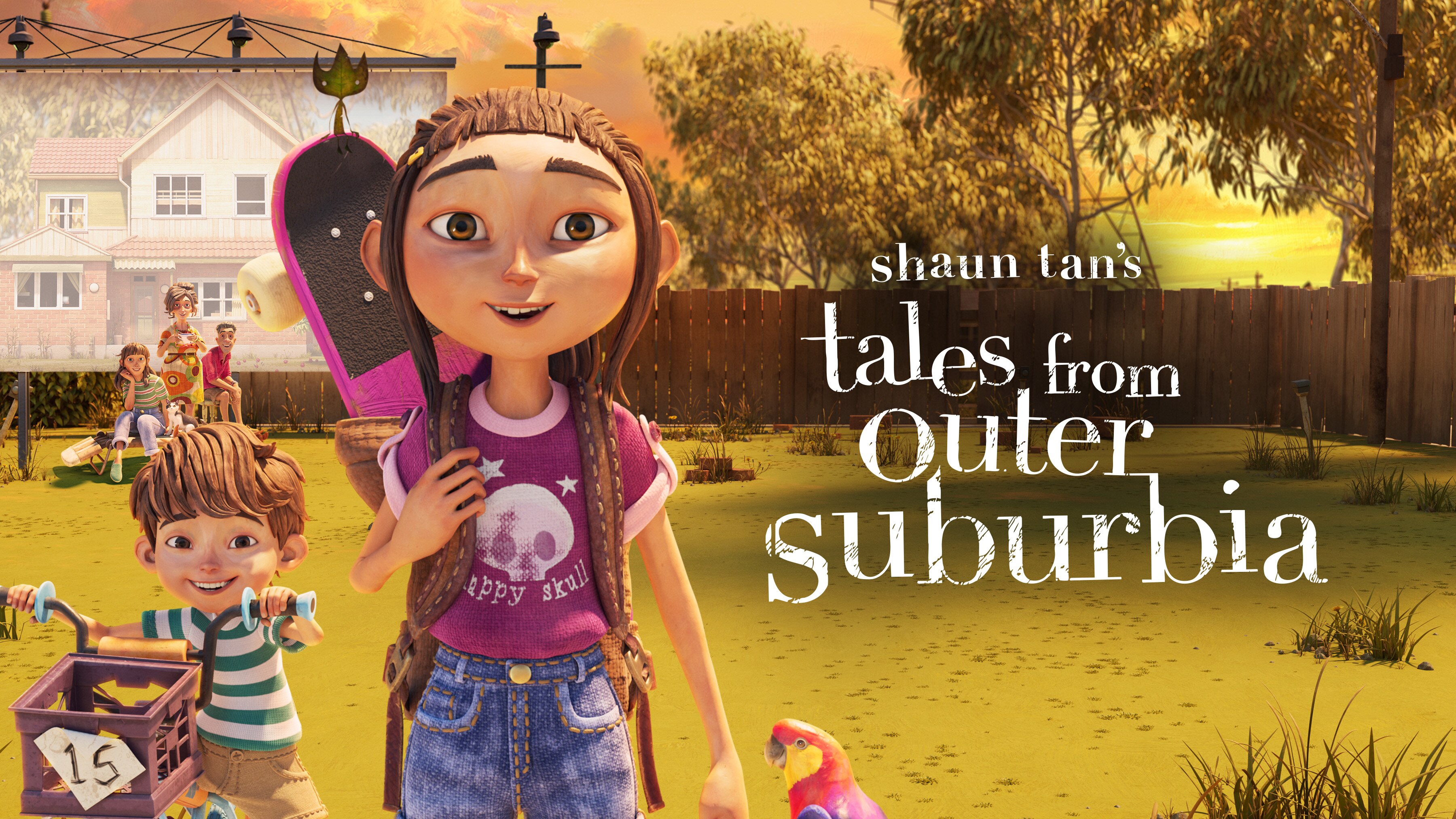 Animated child in backyard garden holding skateboard, text on screen: Shaun Tan's Tales of Outer Suburbia