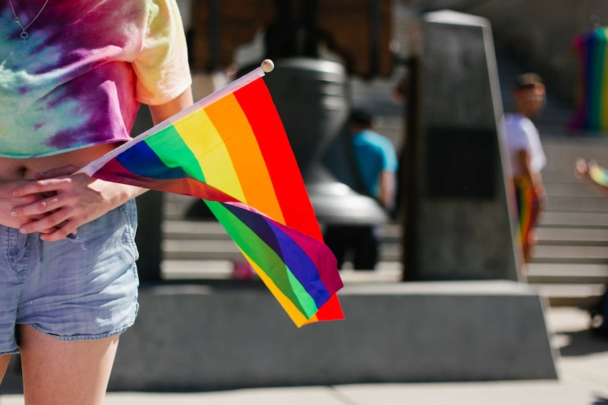 Person holding a rainbow flag