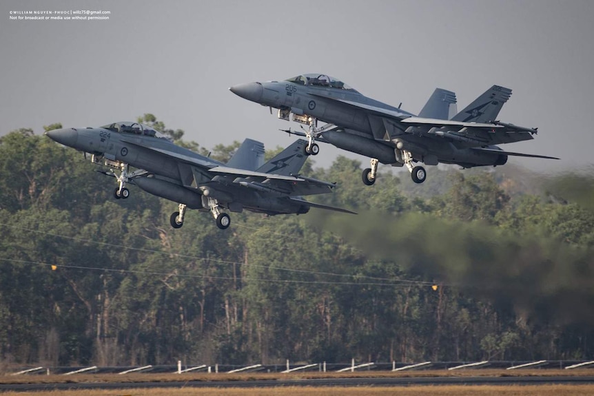 Two RAAF Super Hornets in two ship formation.
