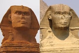 A composite image showing the fake Great Sphinx and the real one side-by-side.