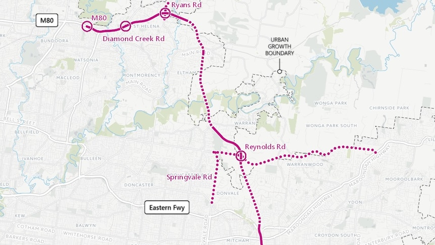 A map of route C for the North East Link, through Eltham and Warrandyte joining EastLink at Ringwood.