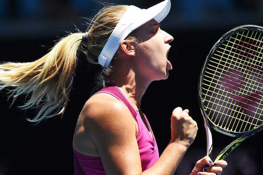 Daria Gavrilova celebrates a win at the Australian Open