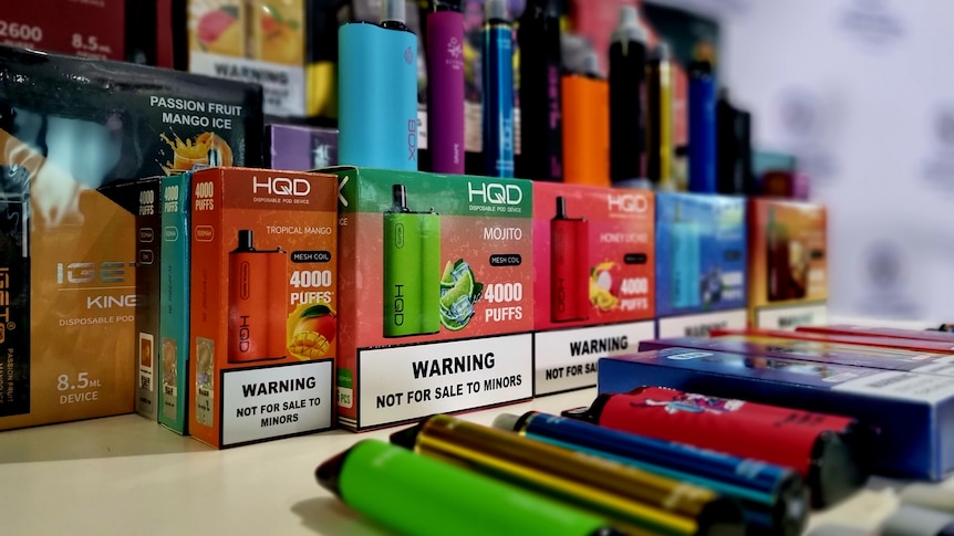 Vaping products stacked next to each other on display