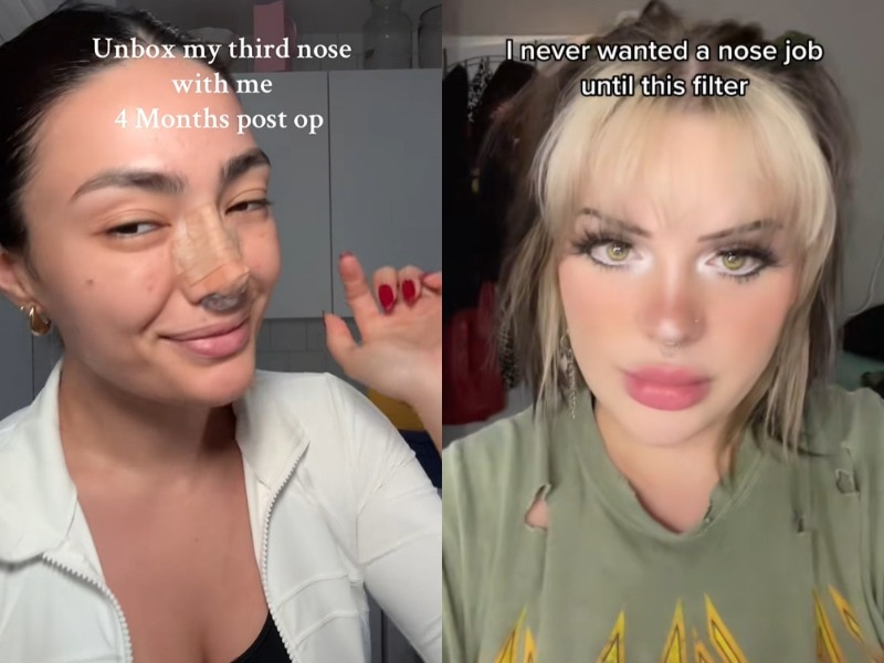 Uma imagem composta de duas mulheres em vídeos do TikTok.