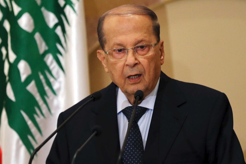 Christian leader Michel Aoun speaks to journalists.