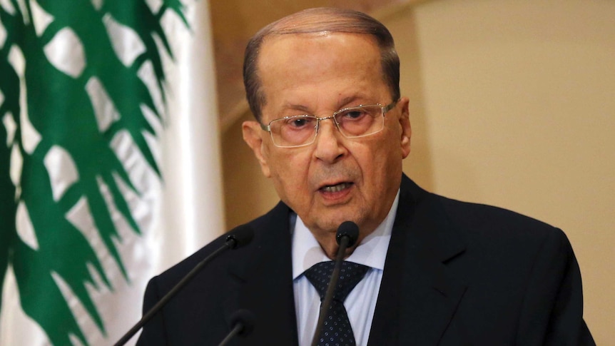 Christian leader Michel Aoun speaks to journalists.