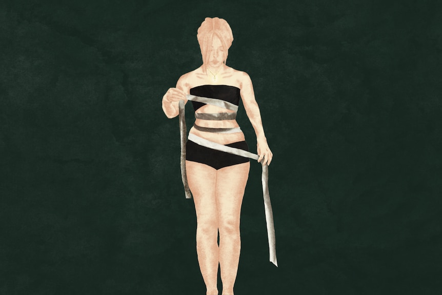 An illustration of a teenager pulling bandages around her stomach.