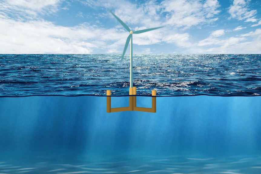 Collage of ocean, sky and illustration of a semi submersible turbine floating above the ocean floor.