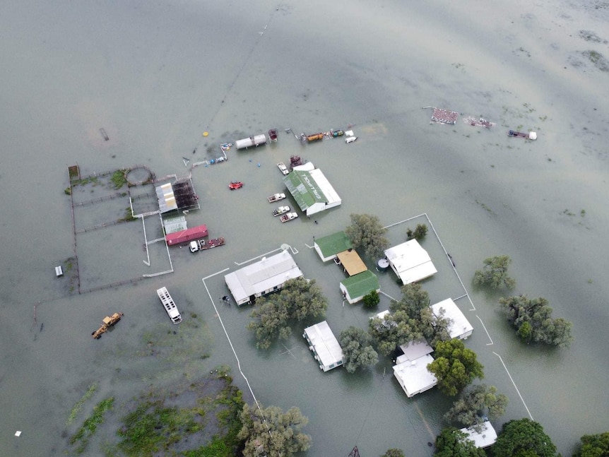 An aerial of a flooded property