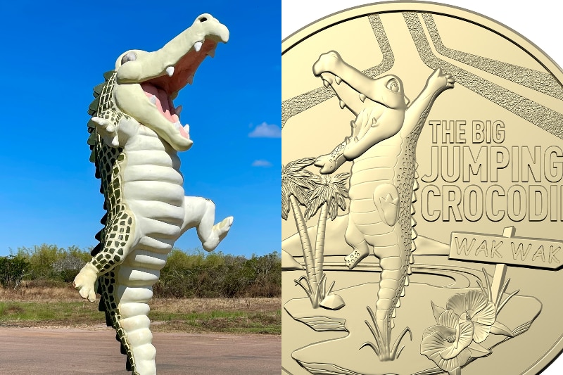 A big crocodile sculpture beside a gold coin featuring a crocodile. 