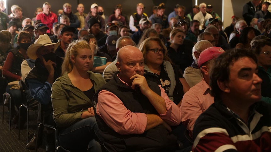 A large crowd of people sit in a hall watching a person speak