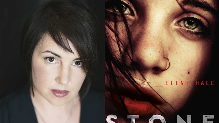 A photo of Australian author Eleni Hale next to the cover of her debut novel, Stone Girl.