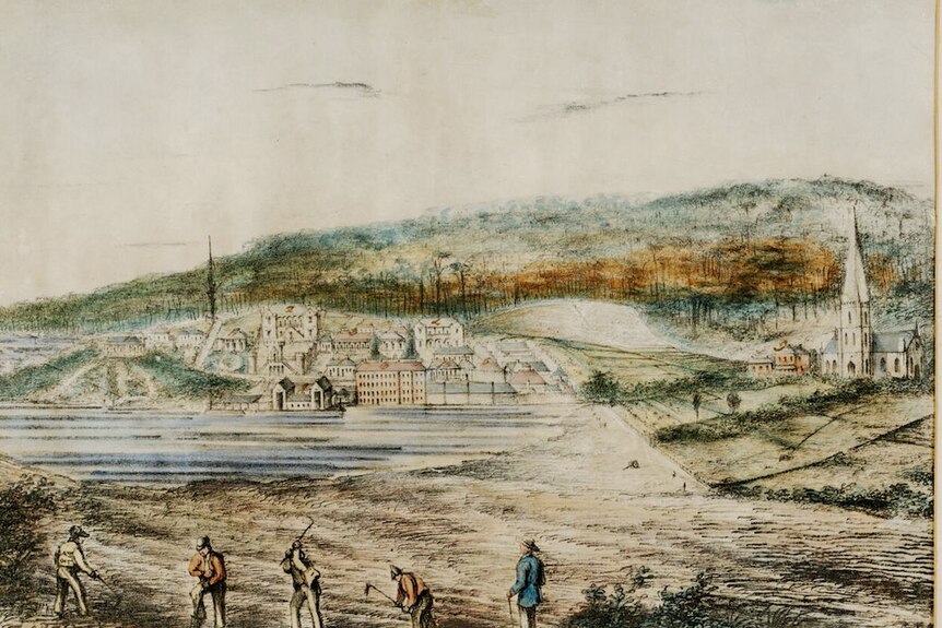 Port Arthur penal station, Tasmania, showing convict labourers in 1843. Coloured lithograph signed 'R.N.N' (or 'K.N.N')