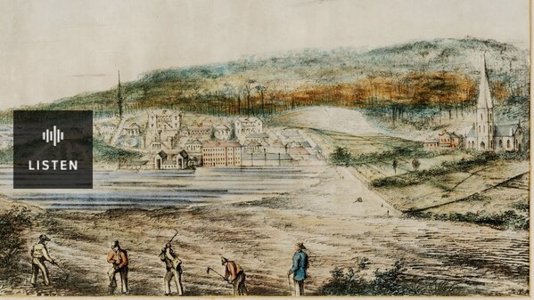 Port Arthur penal station, Tasmania, showing convict labourers in 1843. Coloured lithograph signed 'R.N.N' (or 'K.N.N'). Has Audio.