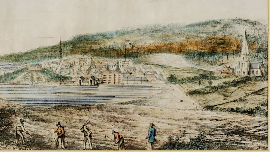 Port Arthur penal station, Tasmania, showing convict labourers in 1843. Coloured lithograph signed 'R.N.N' (or 'K.N.N')