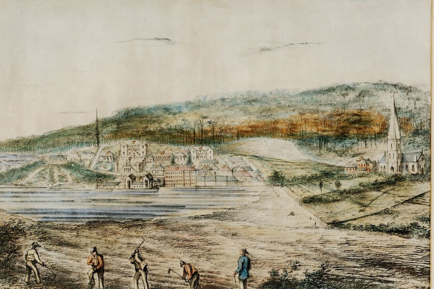 Port Arthur penal station, Tasmania, showing convict labourers in 1843. Coloured lithograph signed 'R.N.N' (or 'K.N.N')