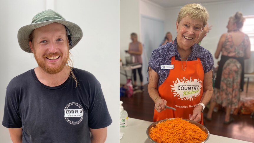 A composite photo of a man in a denim soft hat, orange beard, black t-shirt and an older woman in orange apron peeling carrots.