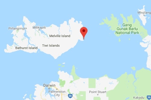 A map showing the site off Melville Island where the barge became stuck