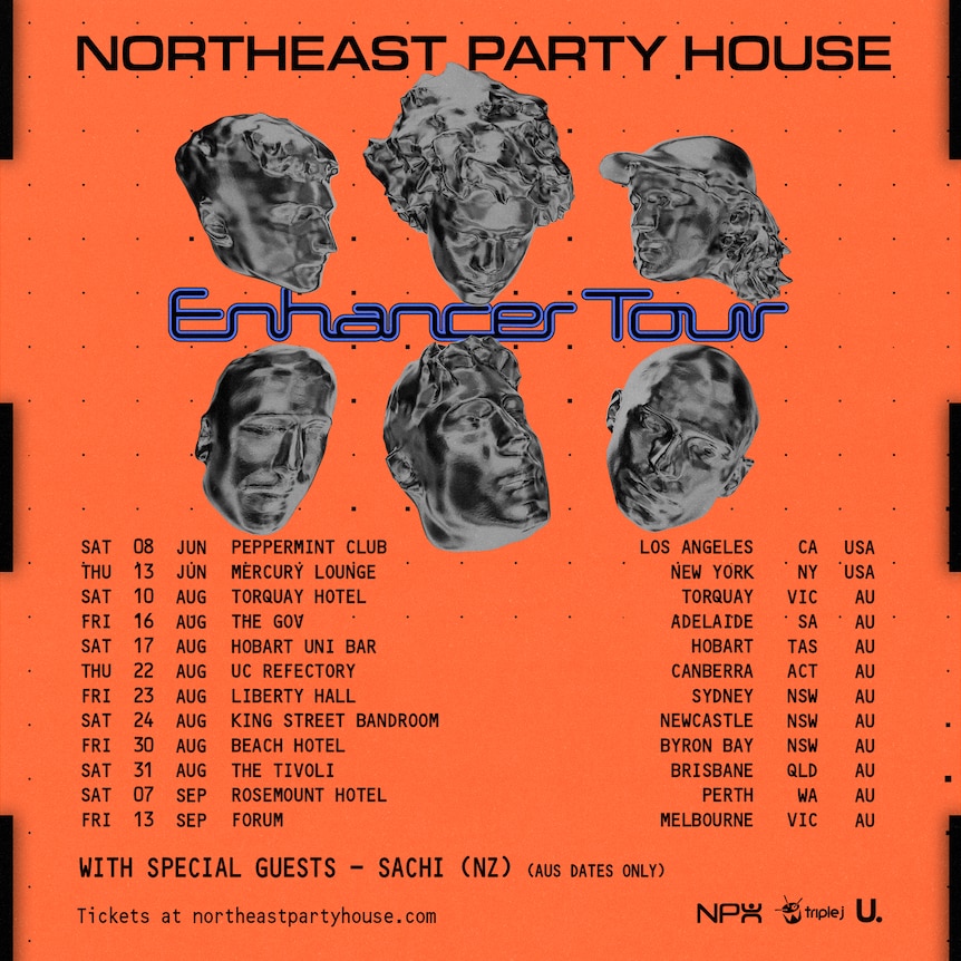 Orange poster for Northeast Party House's 2024 Australian tour with chrome busts and black text