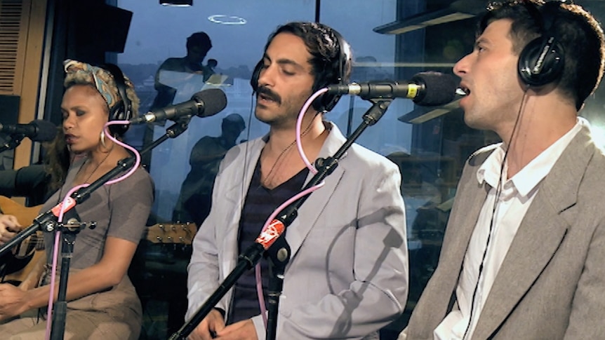 A photo of Bluejuice featuring Ngaiire doing a live performance of 'Video Games' in the triple j studios
