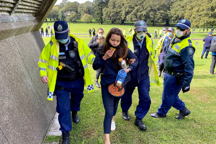 A woman flanked by police in a park