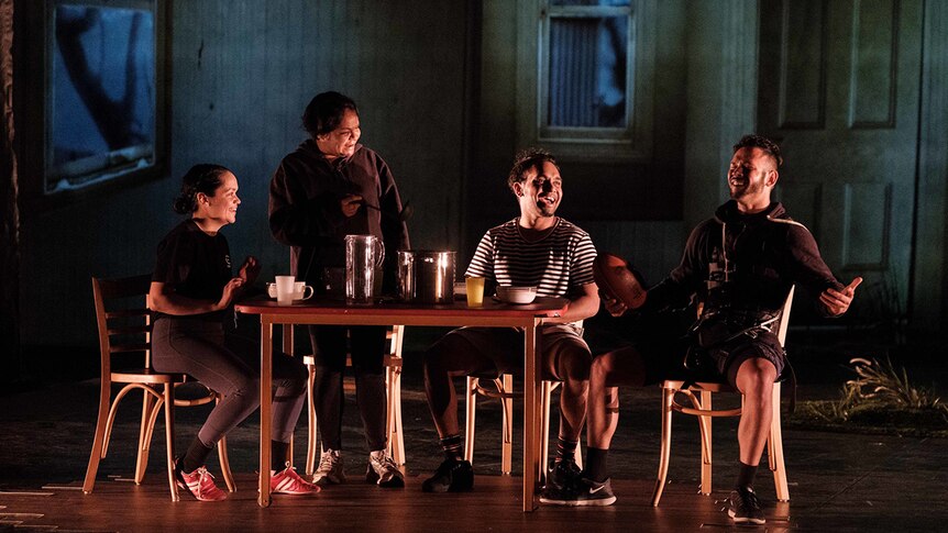 Colour photo of Caleena Sansbury, Ursula Yovich, Tibian Wyles and Kyle Shilling in a scene from Man with the Iron Neck.