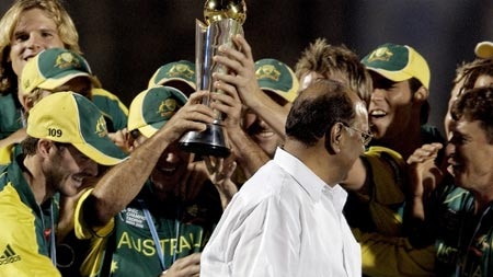 Controversy ... Damien Martyn shoves Indian cricket chief Sharad Pawar
